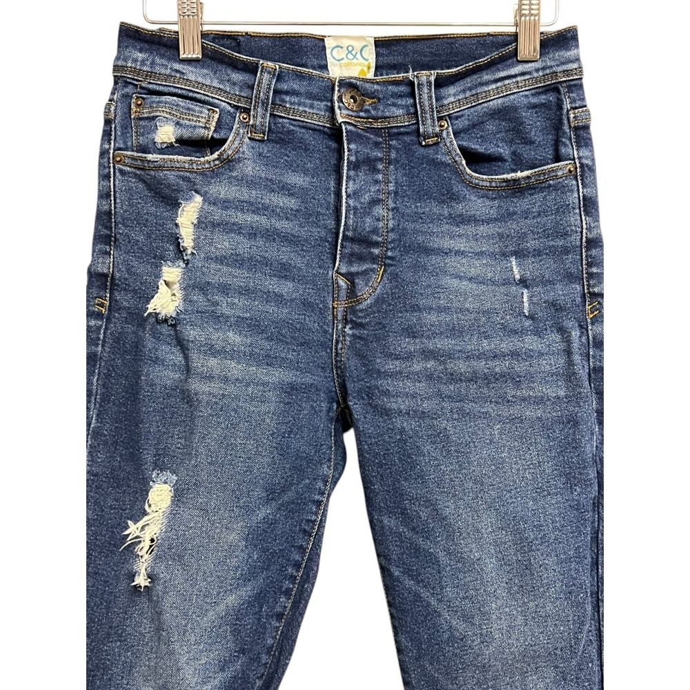 C&C California Skinny Jeans Womens 4/27 Blue Distressed High Rise Slit Edgy - Picture 3 of 10